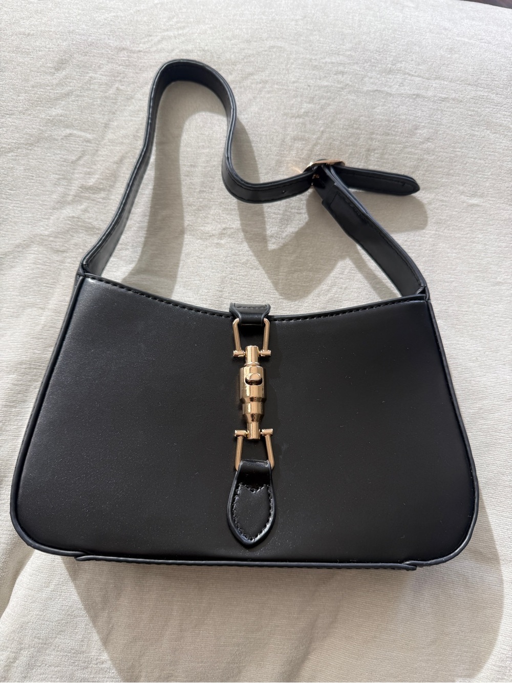 Black Shoulder Bag with Gold Hardware